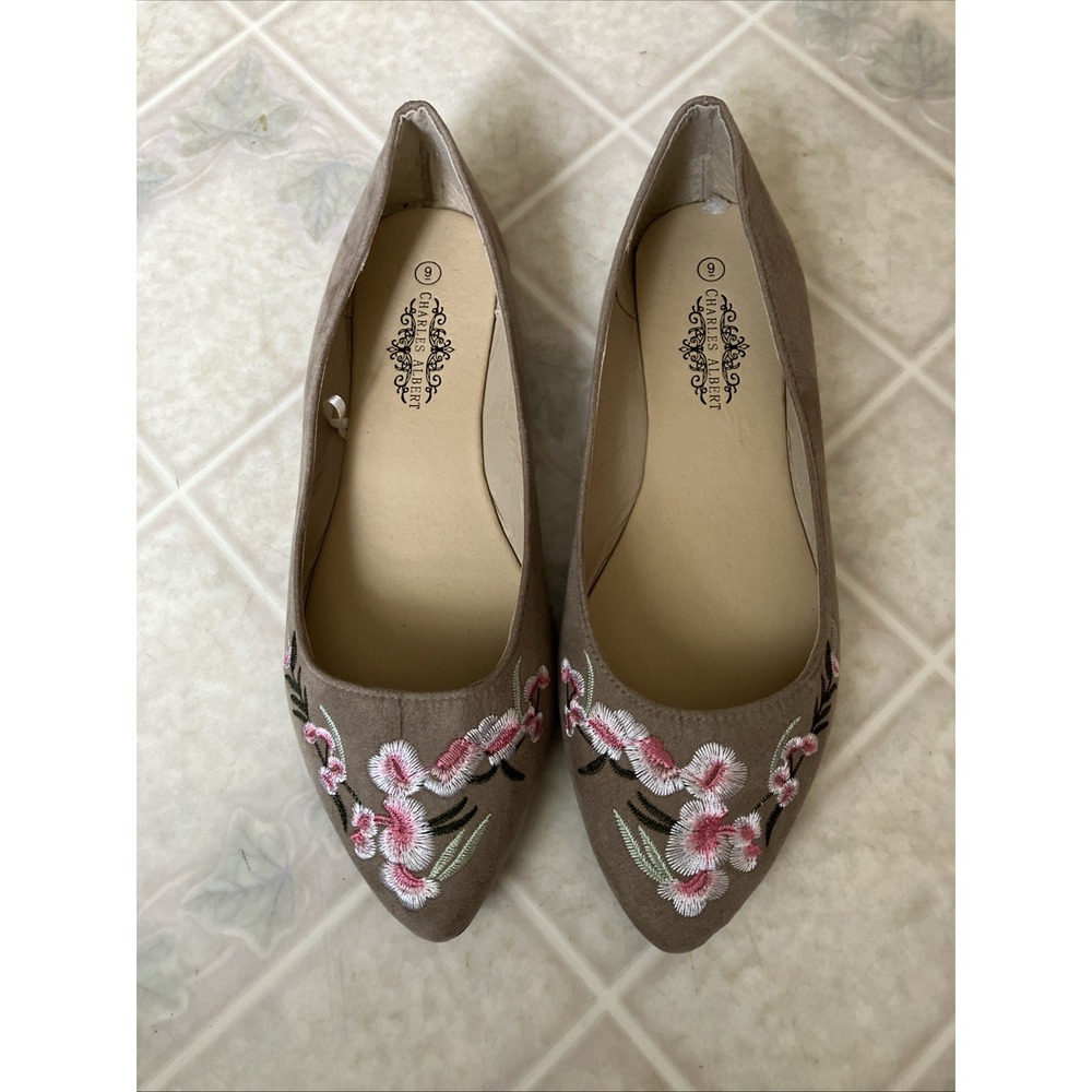 Charles Albert Embroidered Floral Pointed Toe Flats Tan Faux Suede Flats Casual